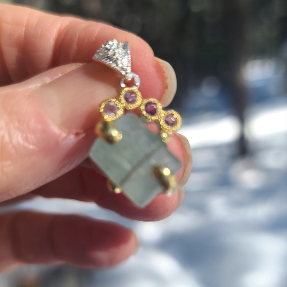 HUGE natural 15.1k Aquamarine pillar Amethyst & sterling pendant - Picture 5 of 7